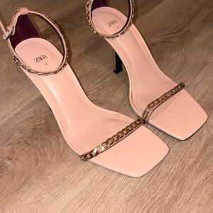 ZARA Blush Pink Chain-Accent Ankle-Strap Heels